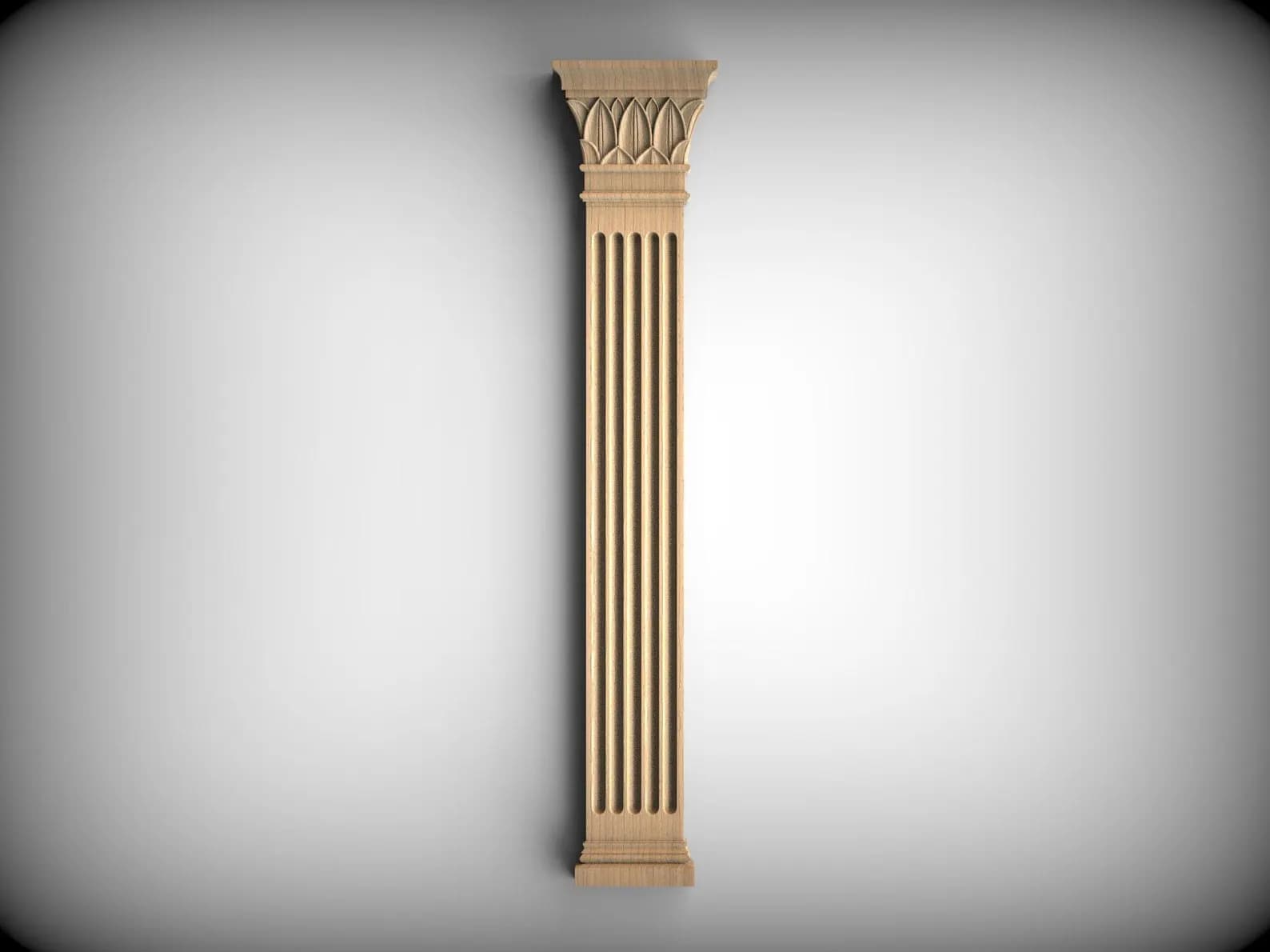 A hand-carved fluted wooden kitchen pilaster with a leaf-detail capital and moulded plinth, for framing cabinetry, larder units and range cookers
