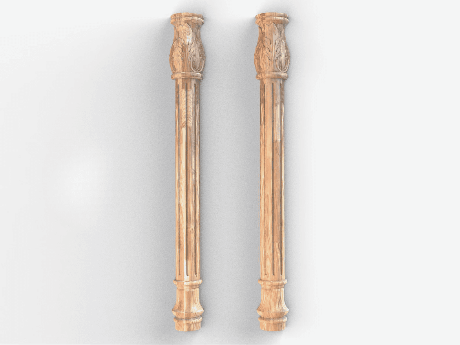A matched pair of hand-carved wooden Laurel Crest pilasters with fluted shafts and acanthus-leaf capitals, for framing fireplaces, cabinetry and entryways