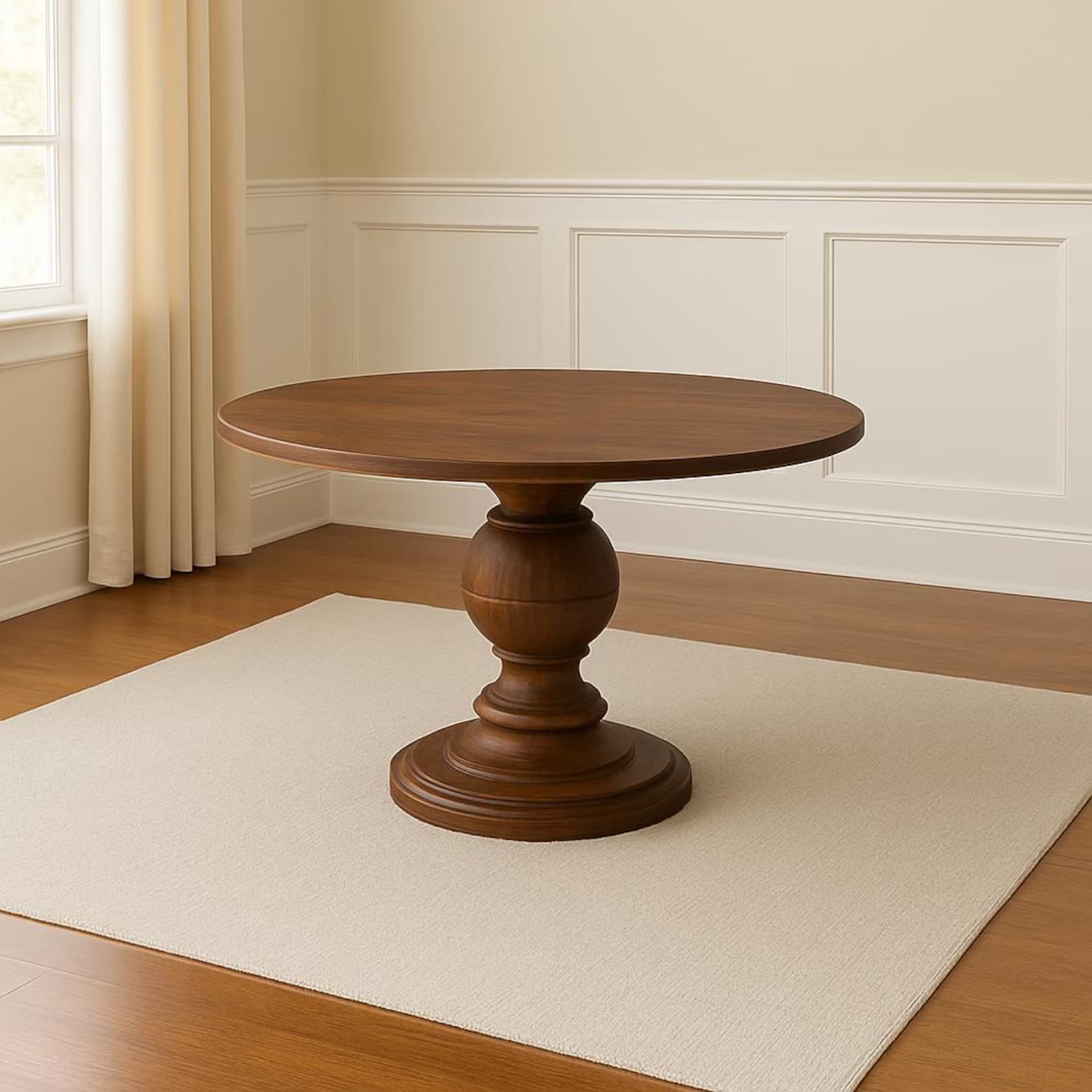 A round solid-wood dining table on a hand-turned central pedestal base with a shaped column and foot, made to specification in a choice of timbers