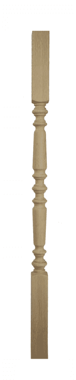 Arlington hand-turned wooden stair spindle in oak — slim turned vase and ring profile on square blocked ends