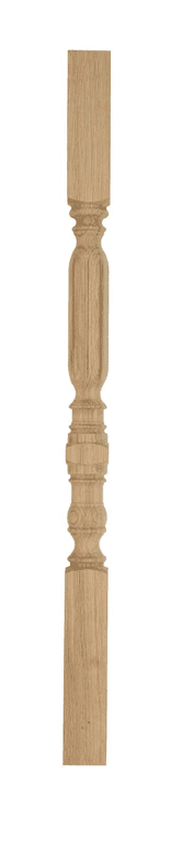 Hampton hand-turned wooden stair spindle in oak — lined fluting above a turned waist and bead detail