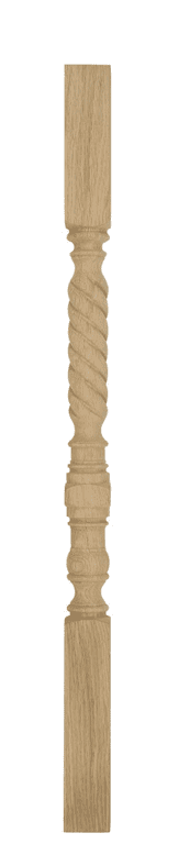 Kenilworth hand-turned wooden stair spindle in oak — rope twist set over a turned vase and ring base