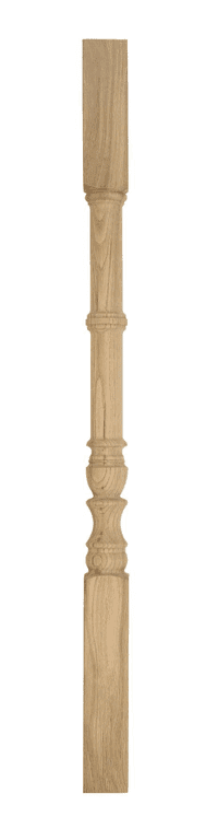 Lincoln hand-turned wooden stair spindle in oak — layered turned rings descending to a vase foot