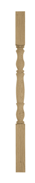 Northborne hand-turned wooden stair spindle in oak — two mirrored turned vases, top and bottom
