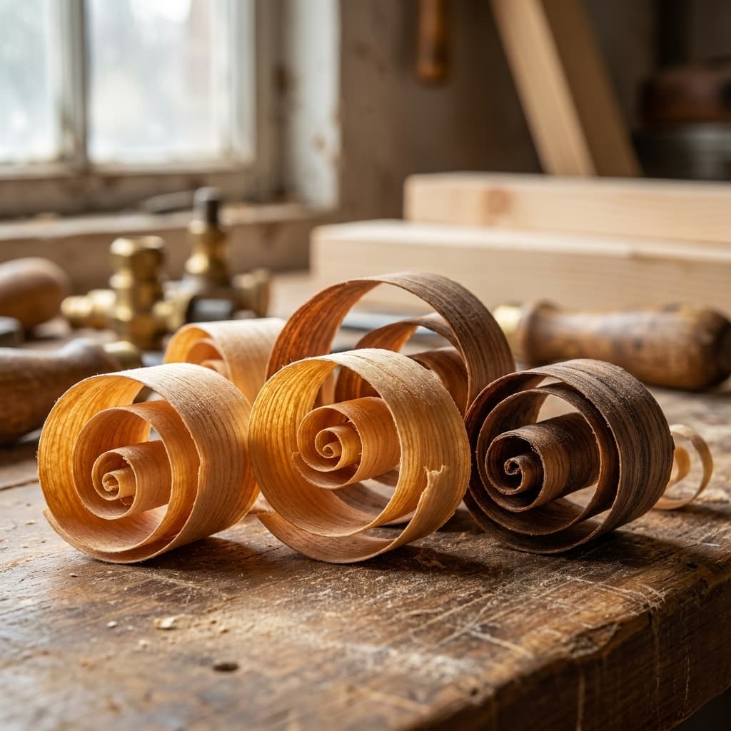 Three hand-curled spirals of wood shavings on a workshop bench