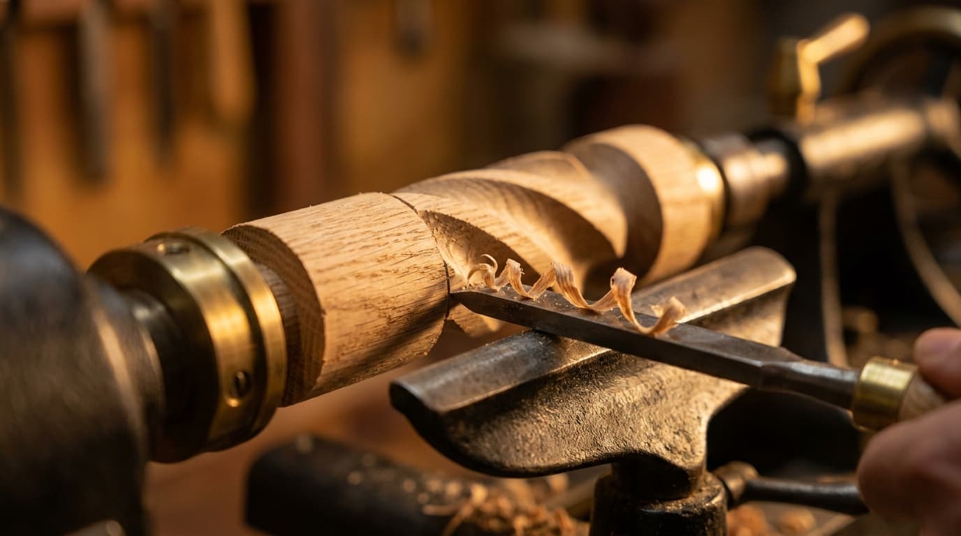A barley-twist spindle being turned on a vintage cast-iron lathe, fresh wood shavings catching the light