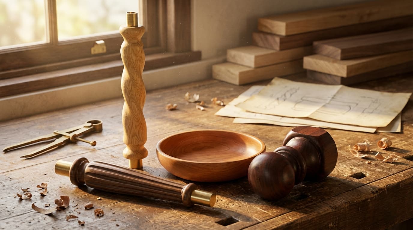 A still-life arrangement of hand-turned wooden pieces on a workshop bench — a barley-twist spindle, a fluted spindle, a turned cherry bowl and a mahogany finial, with brass tools and pencil sketches in the background