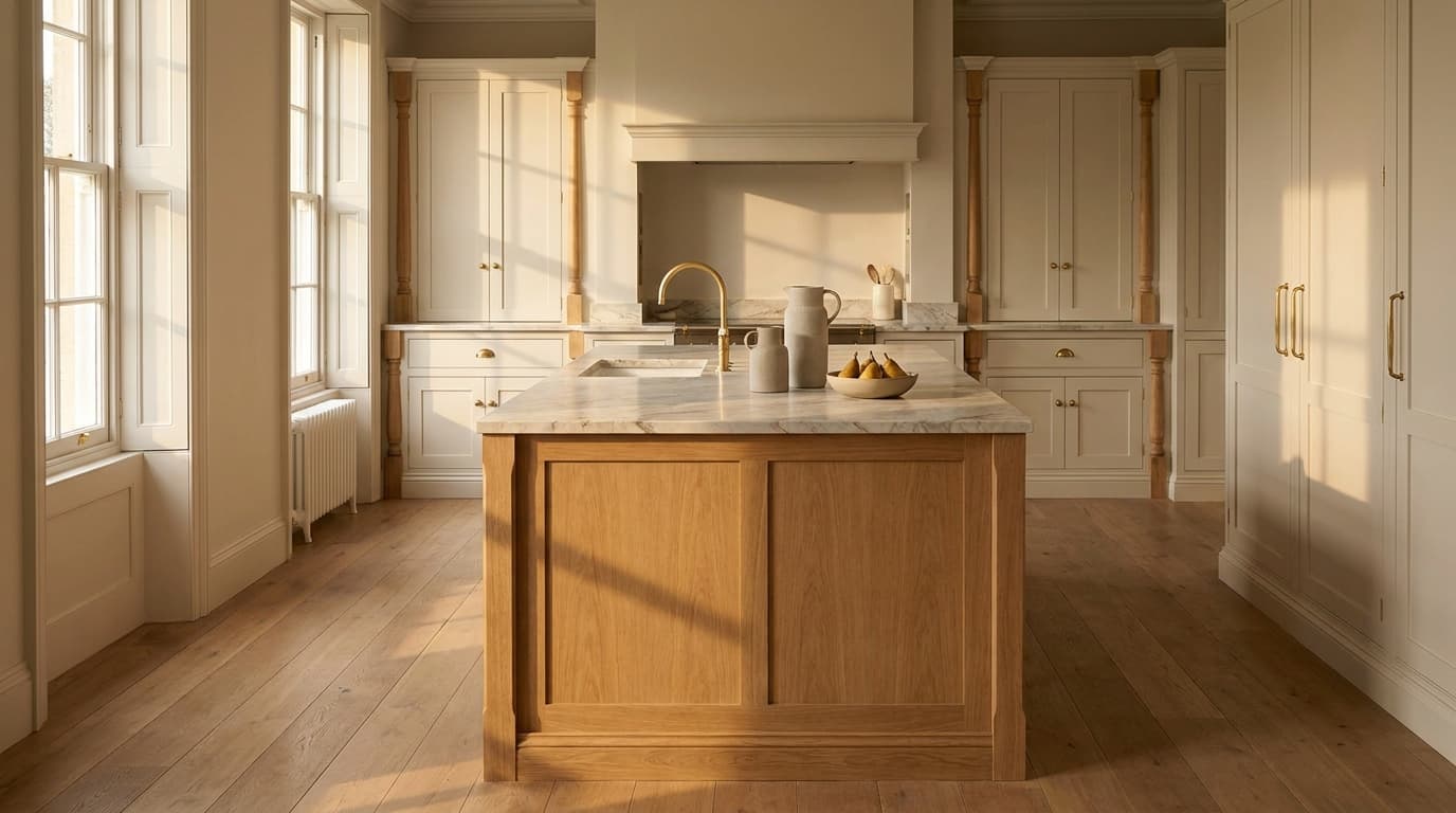 A traditional kitchen with turned wooden pilasters flanking the range hood