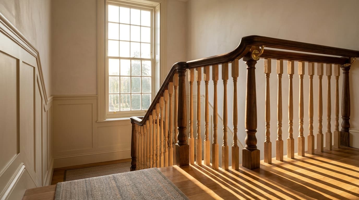 Hand-turned wooden staircase spindles supplied in Upperthong